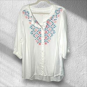 Molly & Isadora Size 1X Button Down Blouse‎ Embroidered Blouse Top Boho Bohemian